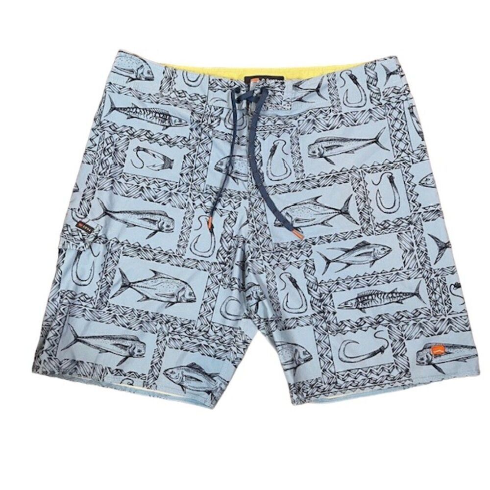 Cova Men's Swim Trunks Blue Fishing Print Tie Waist Size‎ 38